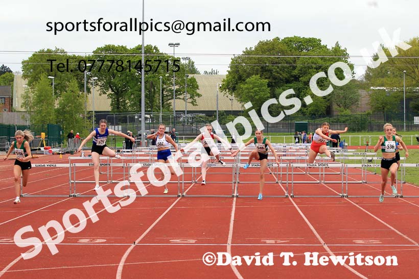 Womens Under-17s 80 metres hurdles, 2023 North Eastern Track and Field Champs., Middlesbrough Sports Village, Middlesbrough. Photo: David T. Hewitson/Sports for All Pics